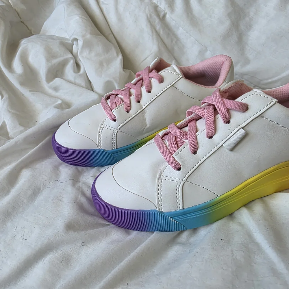 White Kids Sneakers with Pink Trim and Rainbow Sole